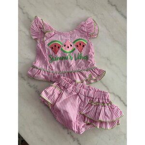 Girls 2-Piece Summer Outfit 0-3M Pink/White Striped Top & Ruffled Shorts With Wa